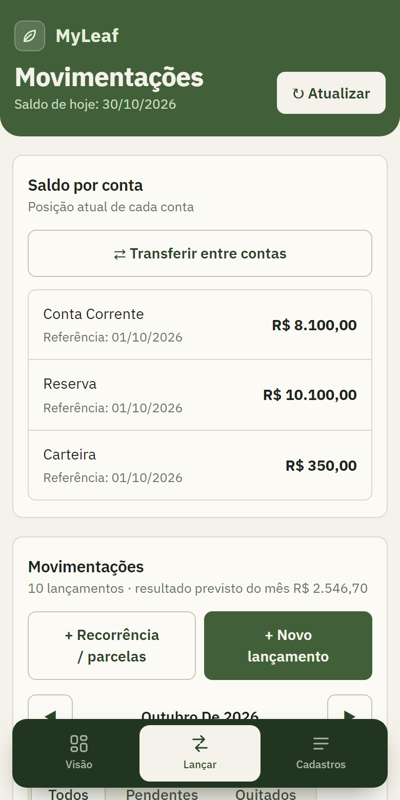 Tela Saldo por conta do MyLeaf